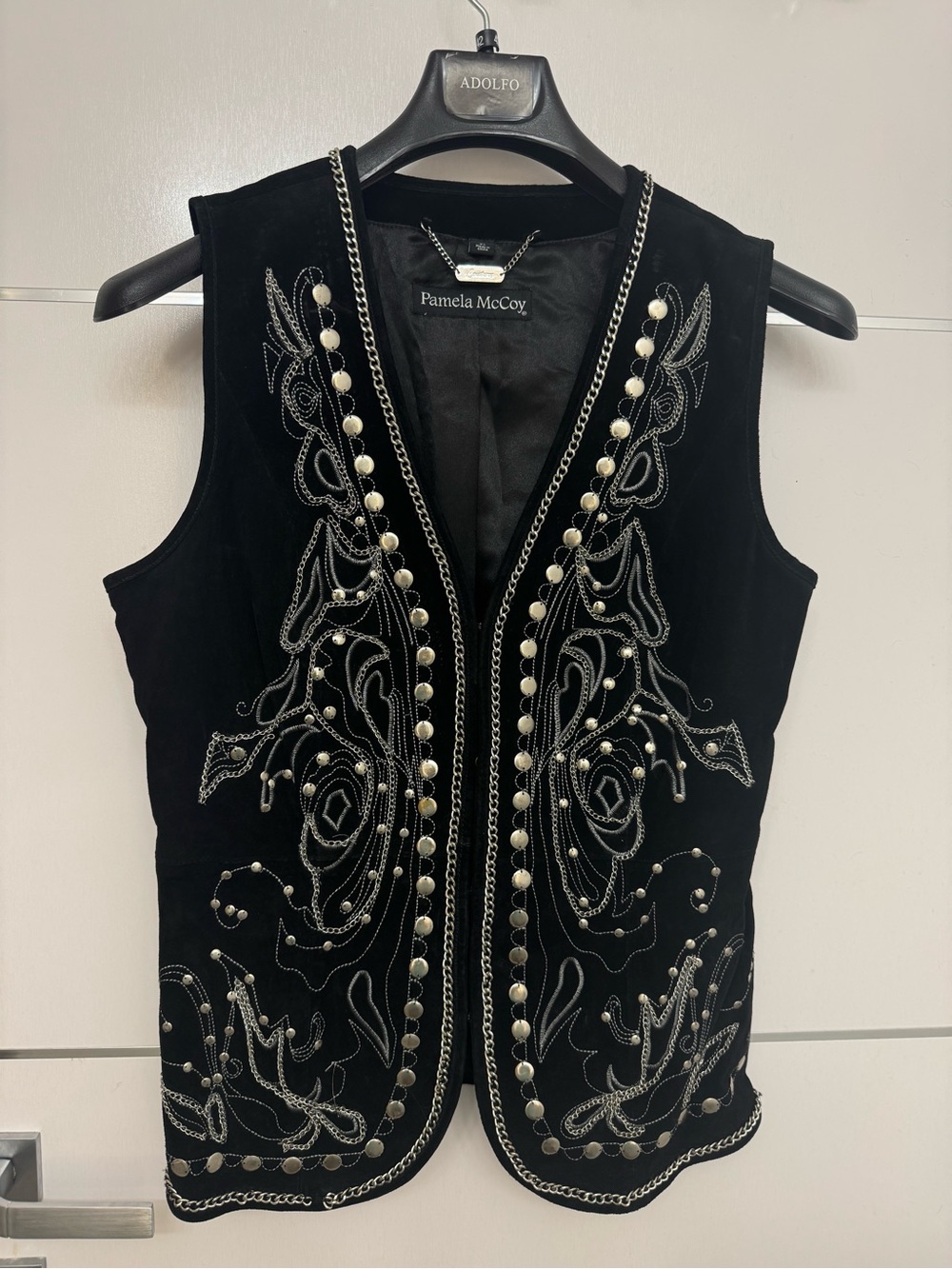VTG Pamela McCoy Black Leather Embellished Chain & Bead Vest XS (fit perfect for